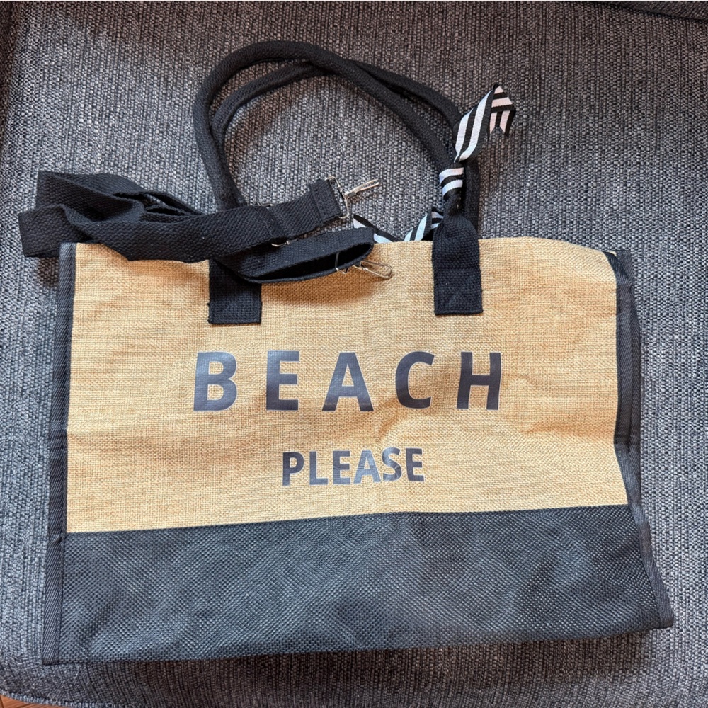 Beach Please Canvas Tote Bag - Black & Tan